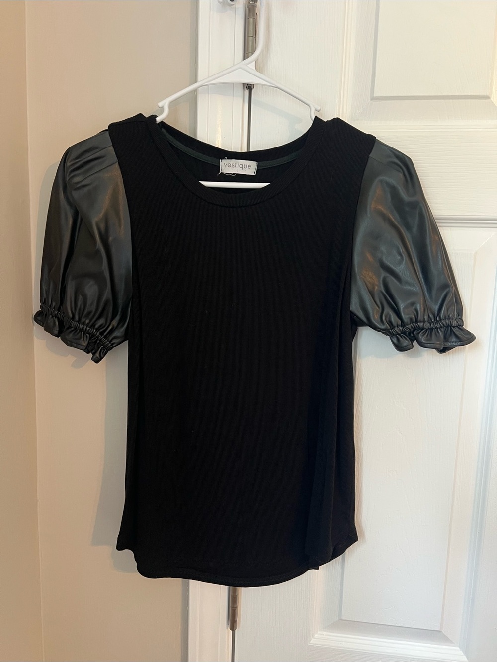 vestique Black Short Sleeve Puff Top with Faux-Leather Sleeves